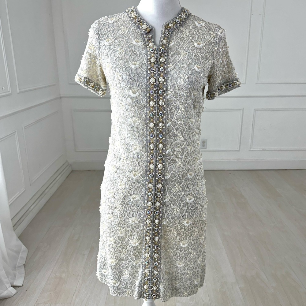 Vintage Beaded Silver Lace Shift Dress Womens 12 Autumn Wedding MOB Guest Formal
